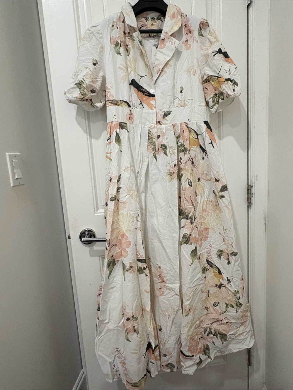 Brand New Chillinen White Bird Floral Linen Dress with Puff Sleeves size L - Picture 7 of 8